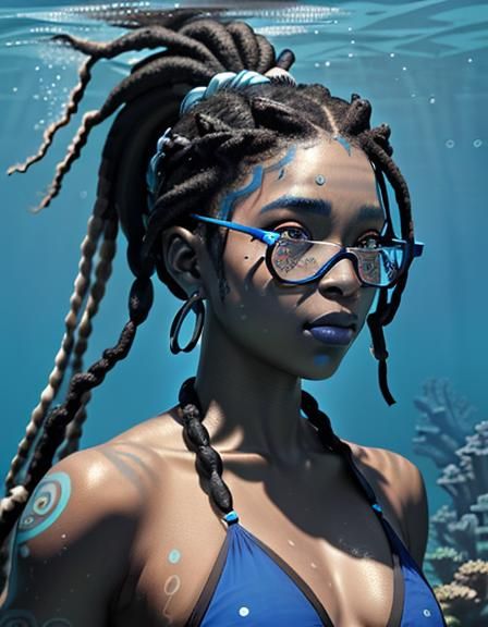 Underwater Blue Woman Portrait in Graffiti Style