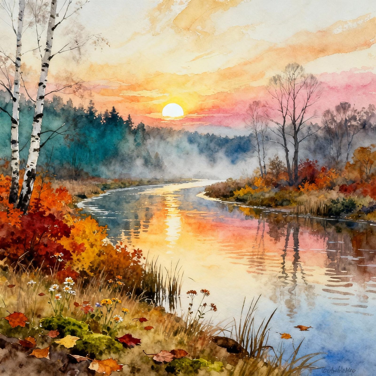 Serene Autumn Sunrise Landscape River Painting