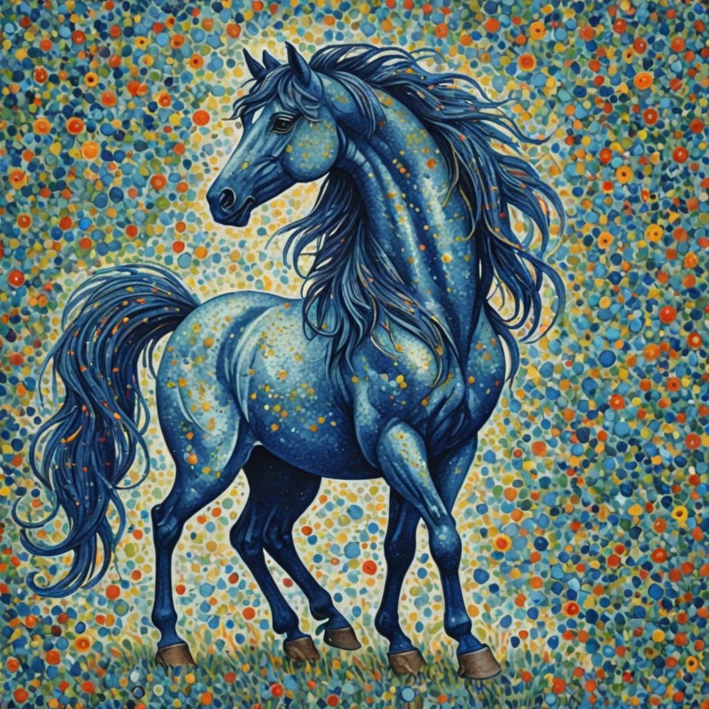 Blue Horse in Pointillism, Ebru, and Marker Art