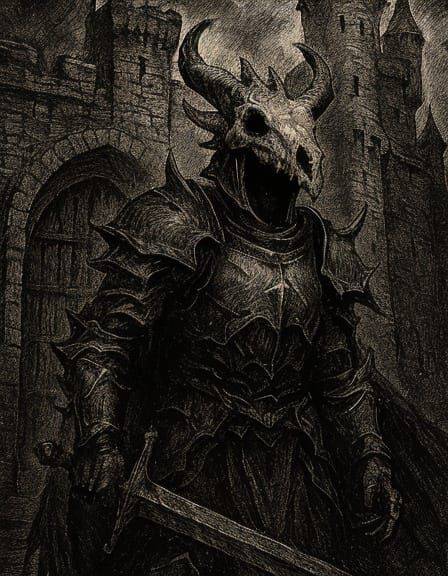 Dark Paladin at Castle Gate in Pen and Ink Style