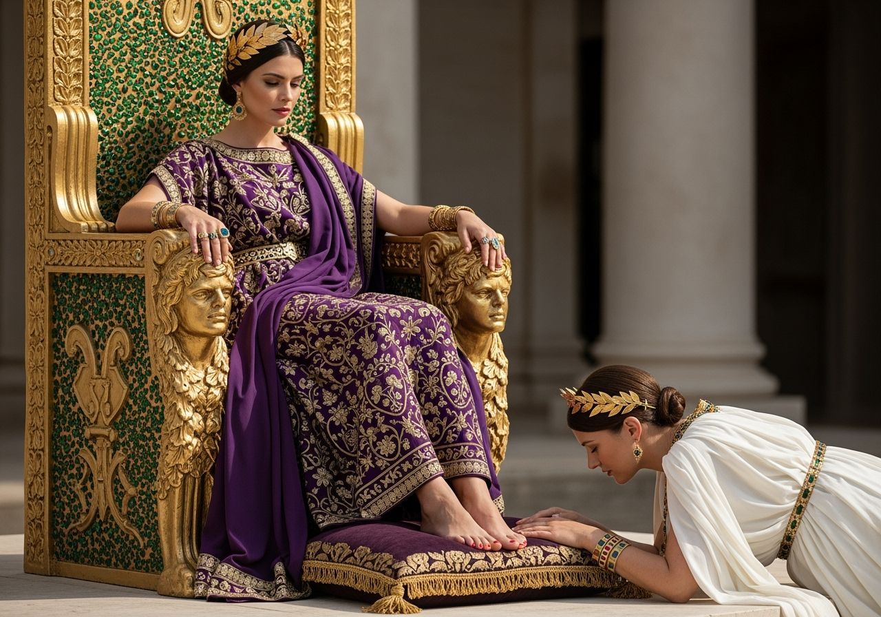 Regal Roman Empress on Emerald and Gold Throne