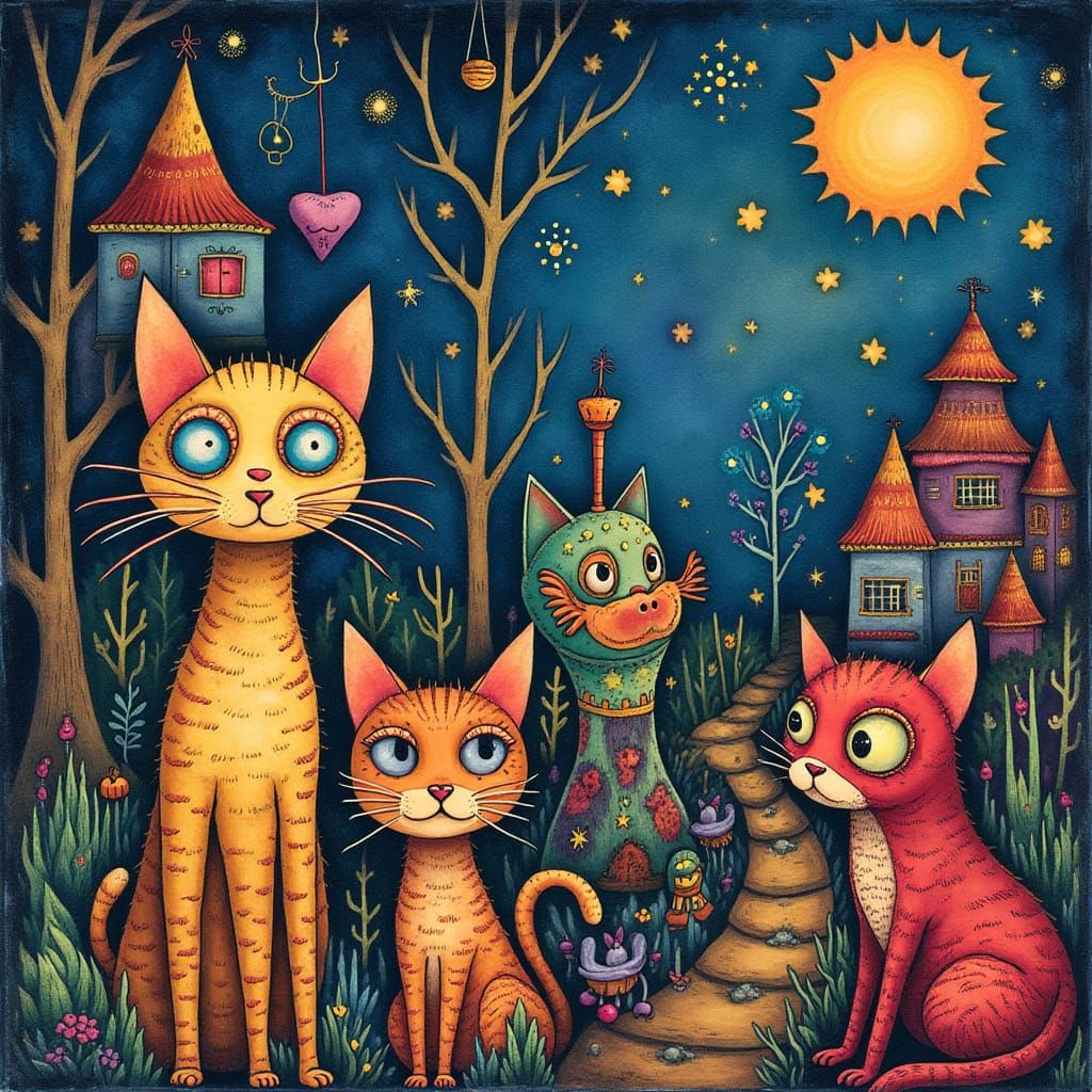 Enchanting Cat Village Artwork in Folk Art Style