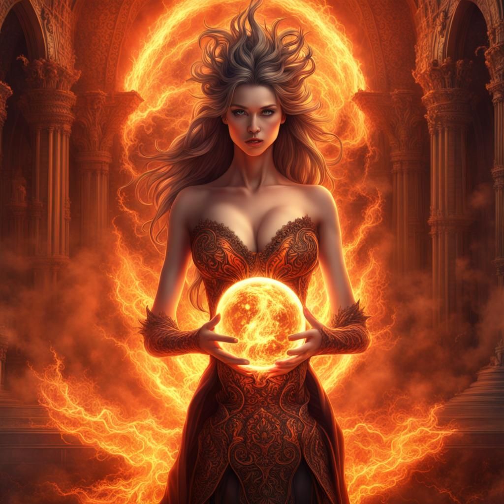 Powerful Fire Witch Destroys City: Digital Art