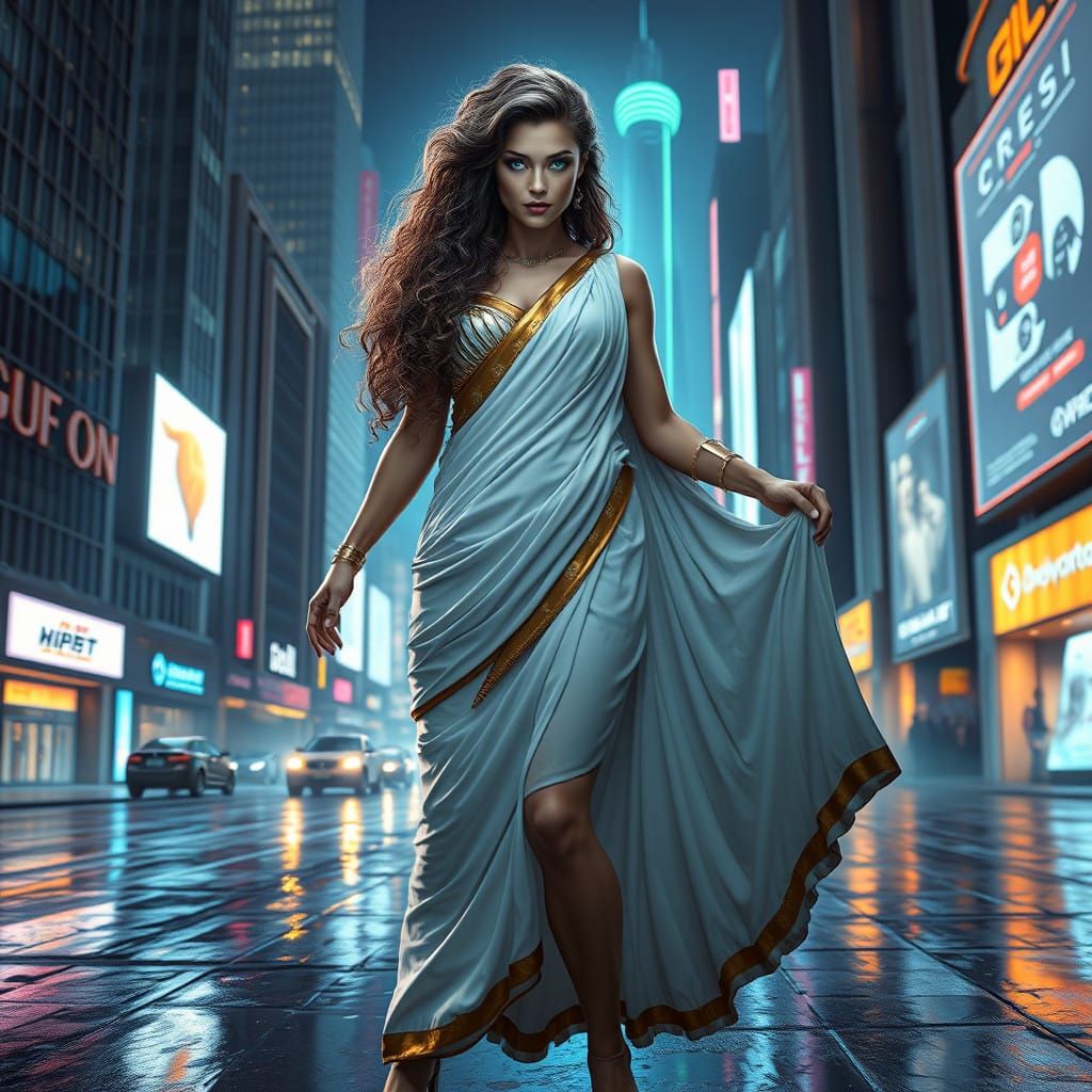 Greek Goddess in Cyberpunk Cityscape