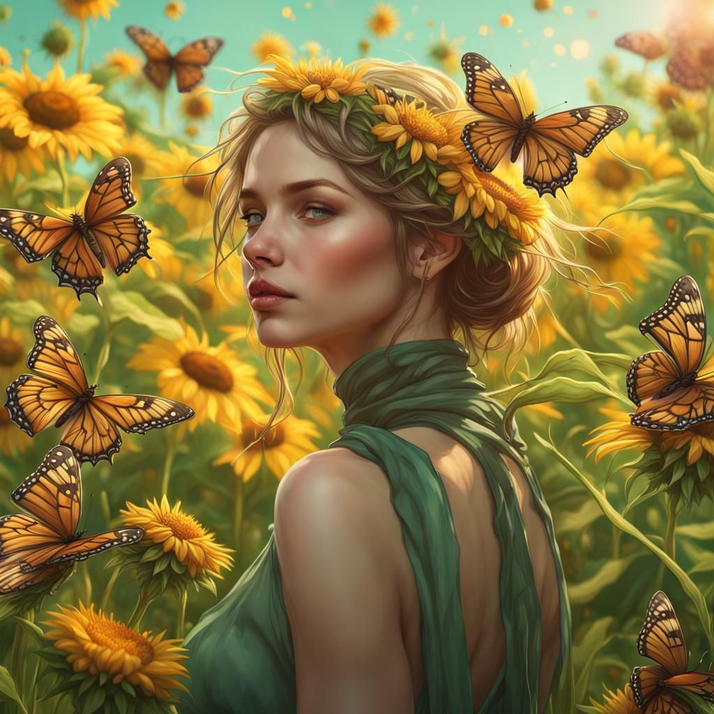 Butterflies on Sunflowers in Meadow: Hyperdetailed Portrait