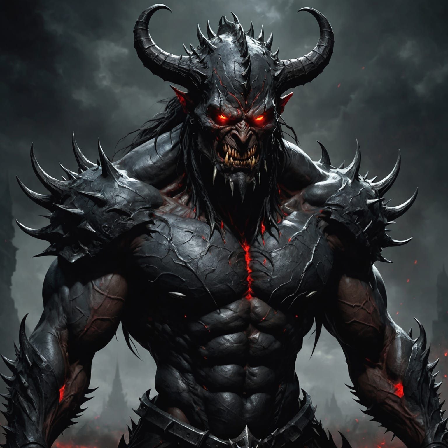 Imposing Demon Form with Glowing Red Eyes