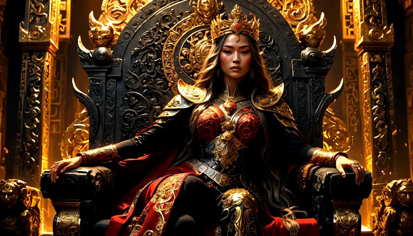 Imposing Female Emperor on a Colossal Throne