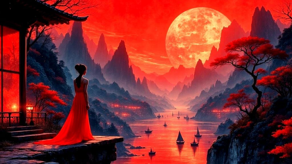 Woman in Red Dress Overlooking Red Sky Boat Market