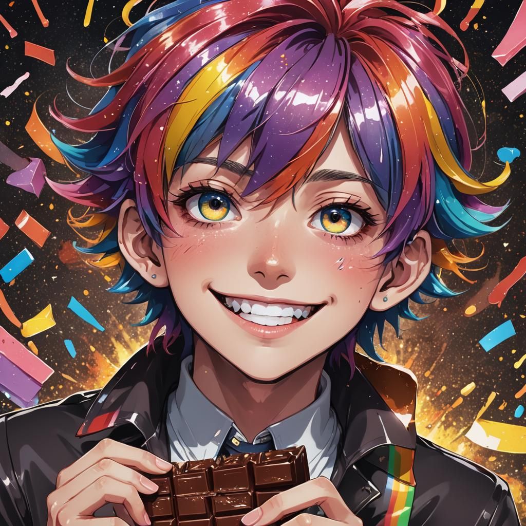 Rainbow-Haired Boy Bites Chocolate: Anime Art