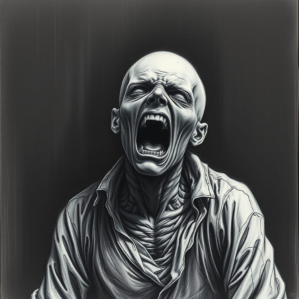 Figure Consumed by Terror: A Charcoal Drawing