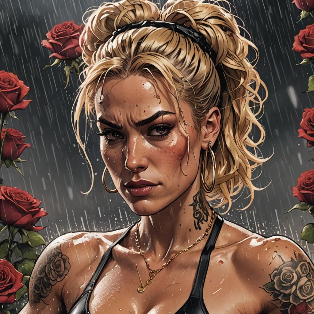 Comic Book Art: Woman on Workout Bike in Rain