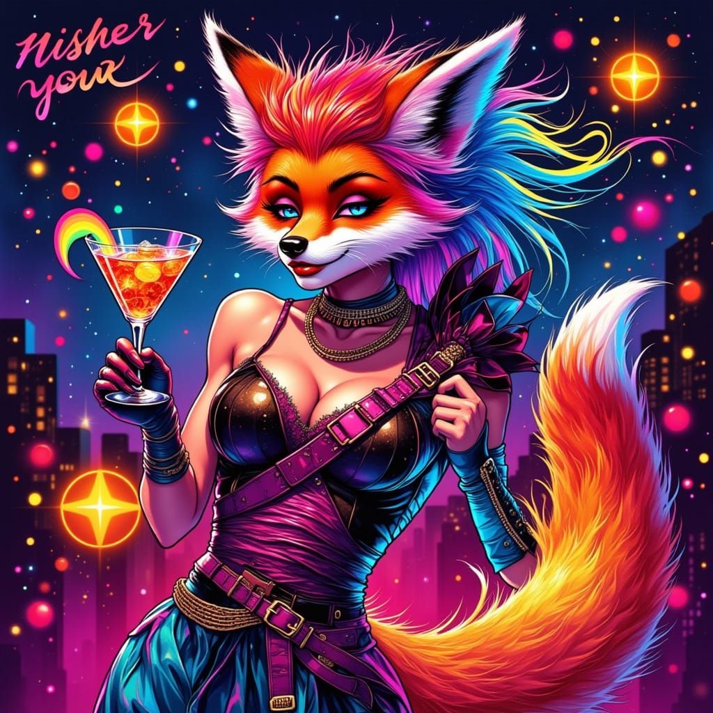 Vibrant Fox in Bold Murakami-Inspired Fashion