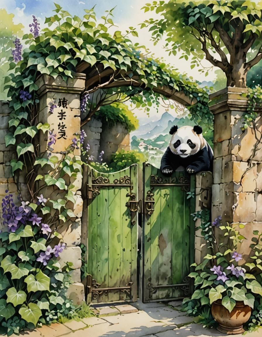 Panda at Ivy Gate: Watercolor Scene