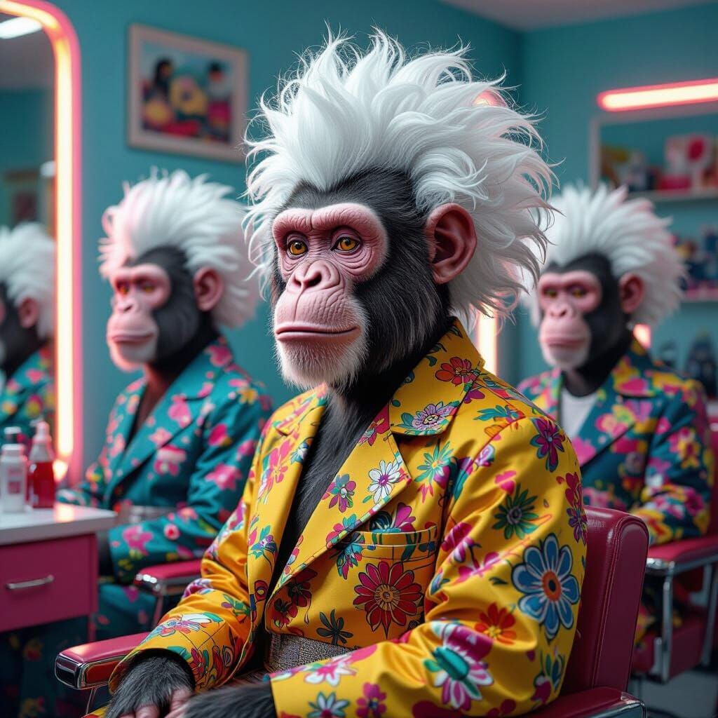 Apes at a Neon Hair Salon in Murakami Style