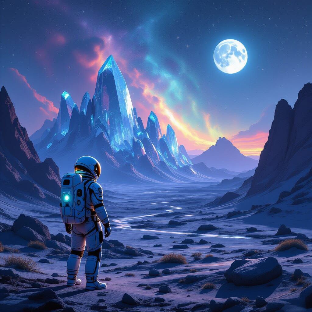 Astronaut on Alien Planet with Crystalline Mountains
