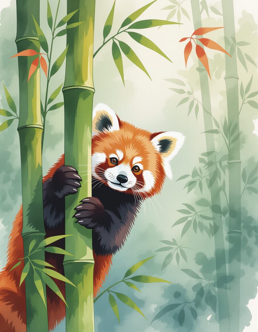 Charming Red Panda in Misty Forest, Watercolor Splash Art