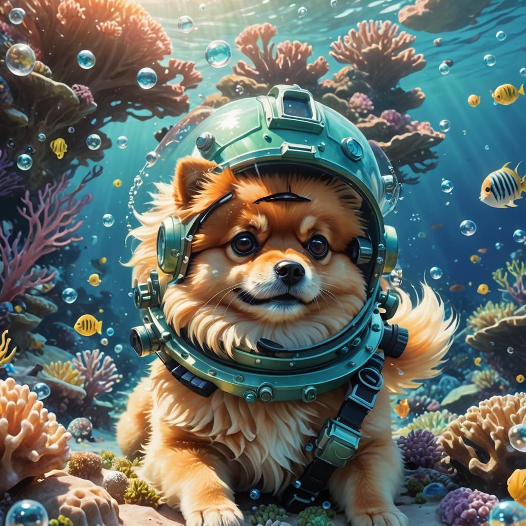 Pomeranian's Underwater Adventure in Anime Style