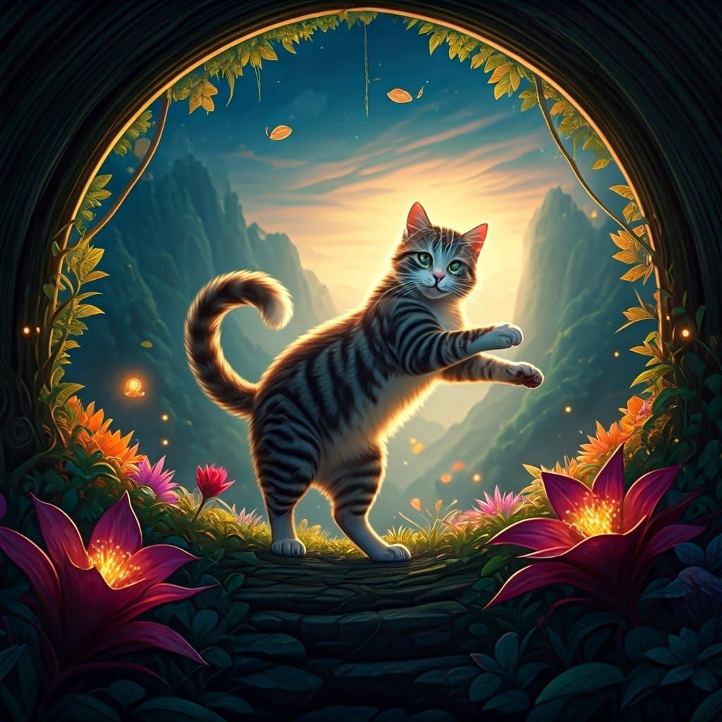 Whimsical Cat in Vibrant Twilight Wonderland