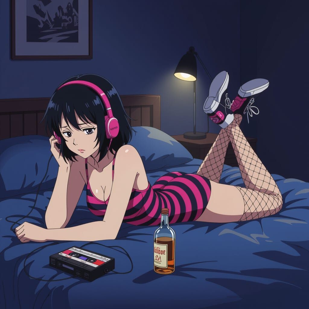 Emo Woman Listening to Music in Dimly Lit Room