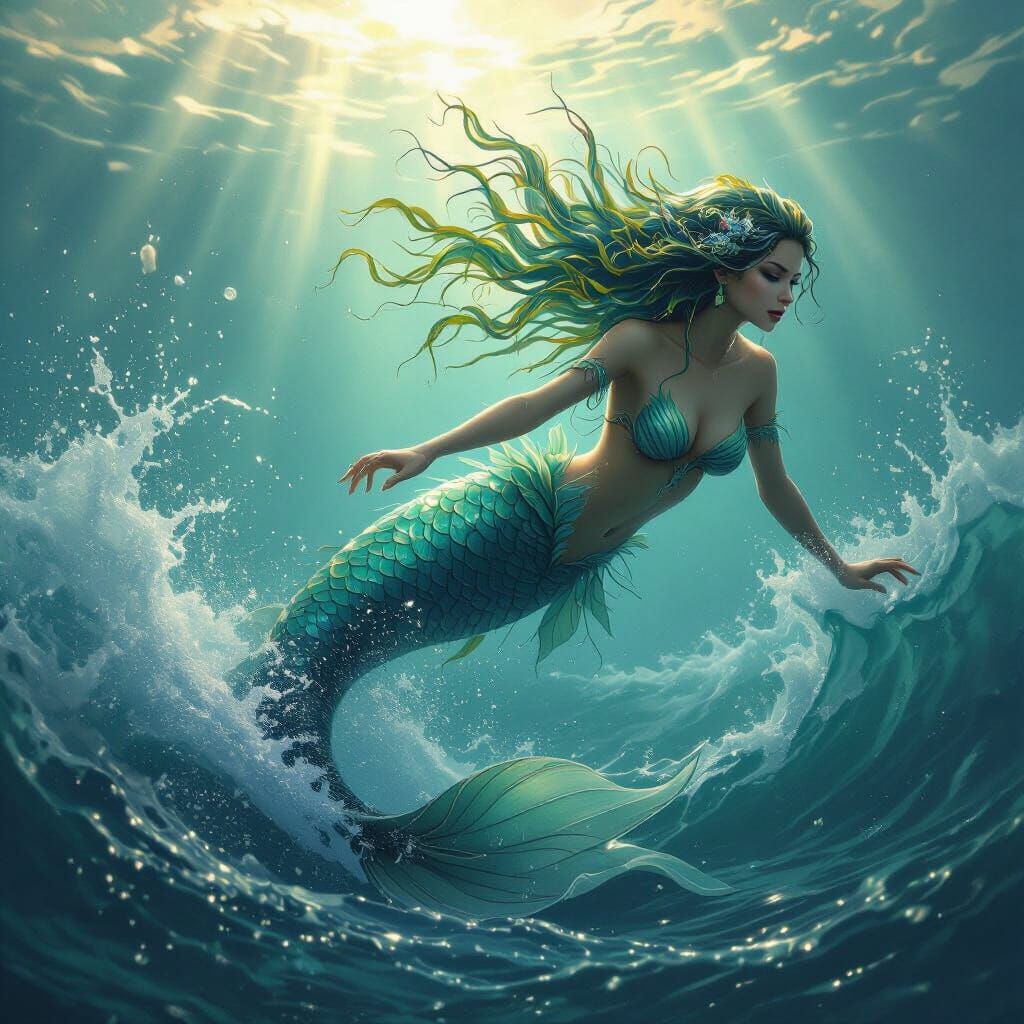 Mystical Mermaid Swims Through Turbulent Ocean Depths