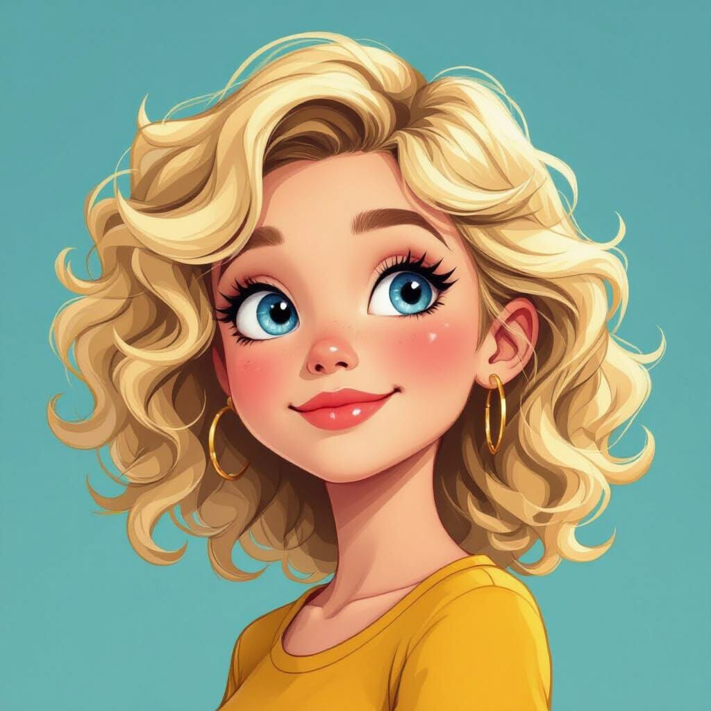Playful Cartoon Girl with Blonde Curly Hair and Blue Eyes