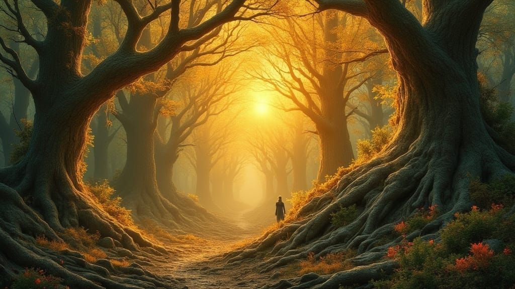 Whimsical Forest Scene in Impressionist Oil Painting Style