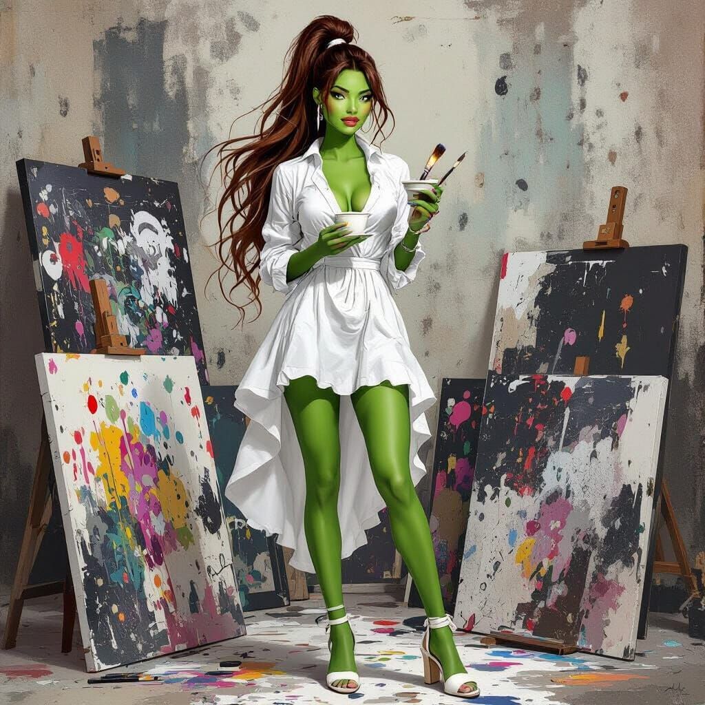 Green Skinned Artist in Retro Film Studio