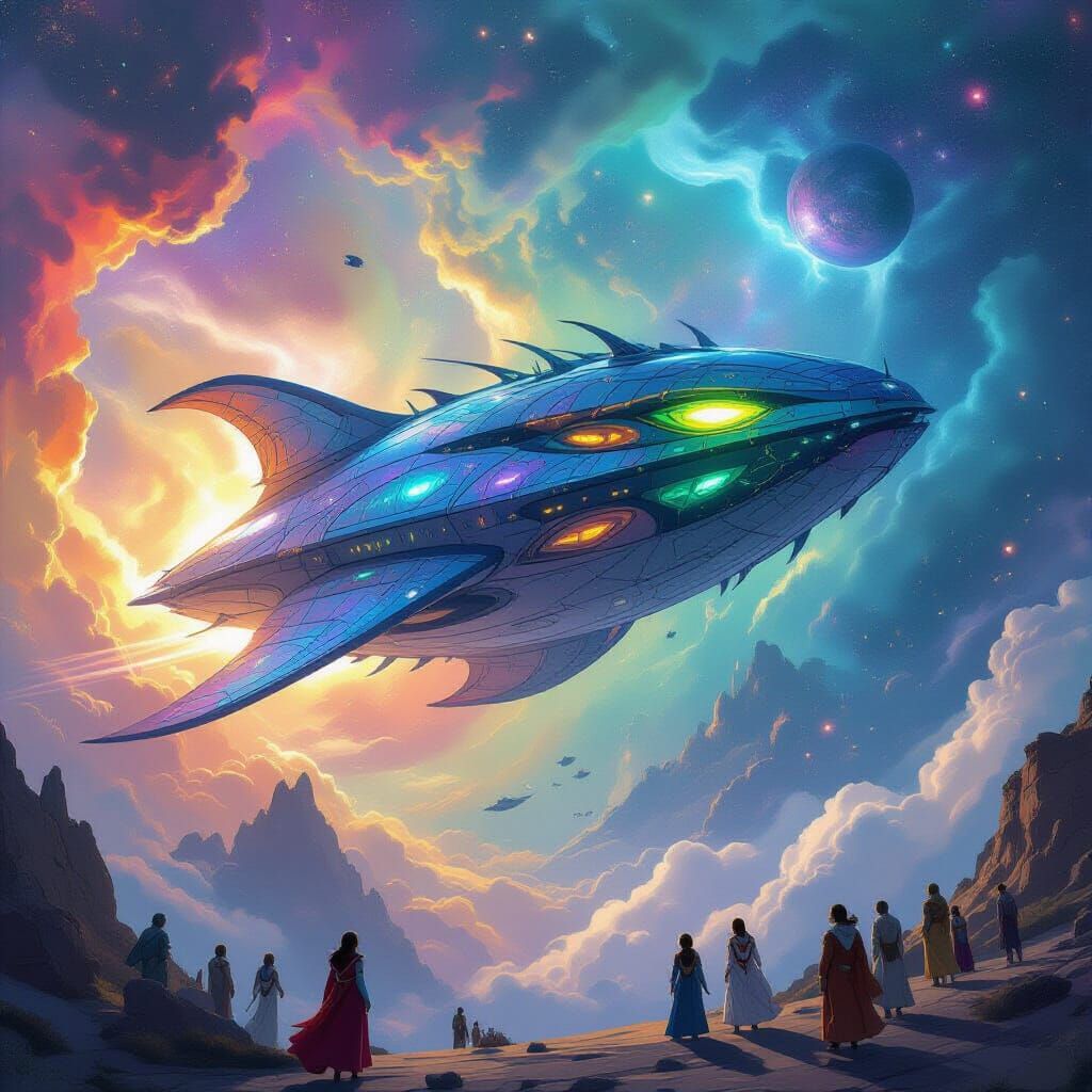 Dragon Spaceship Soaring Through Nebula, Surreal Digital Art
