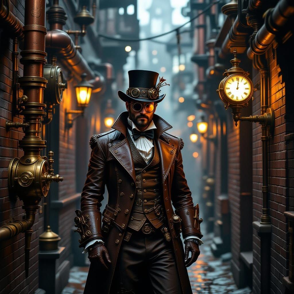 Steampunk Inventor in Fog-Shrouded Alleyway