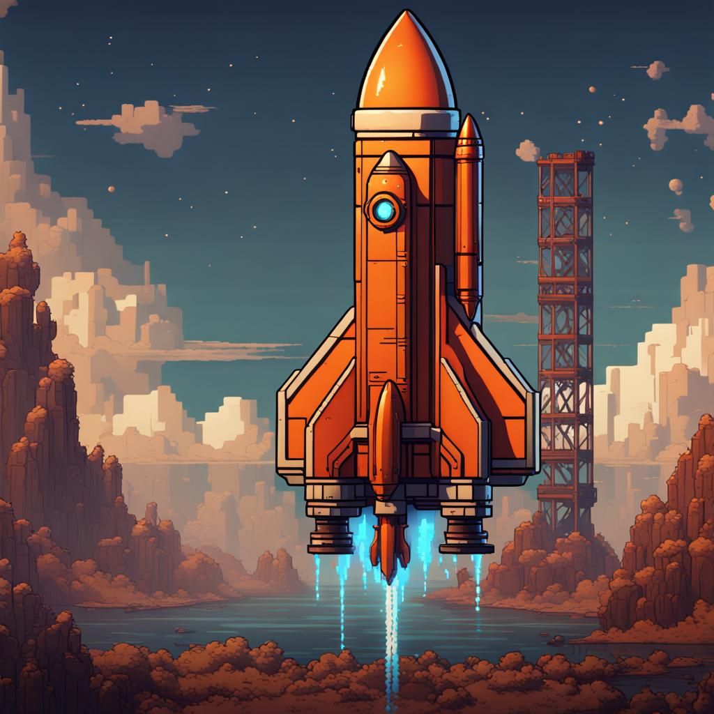 Pixel Art Rocket in Detailed Matte Painting