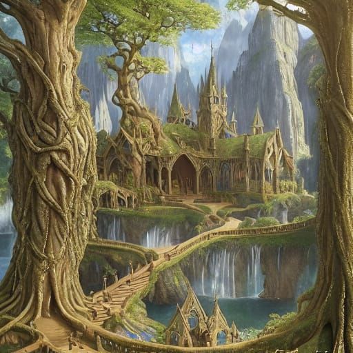 Ethereal Elvish Library within a Majestic Tree