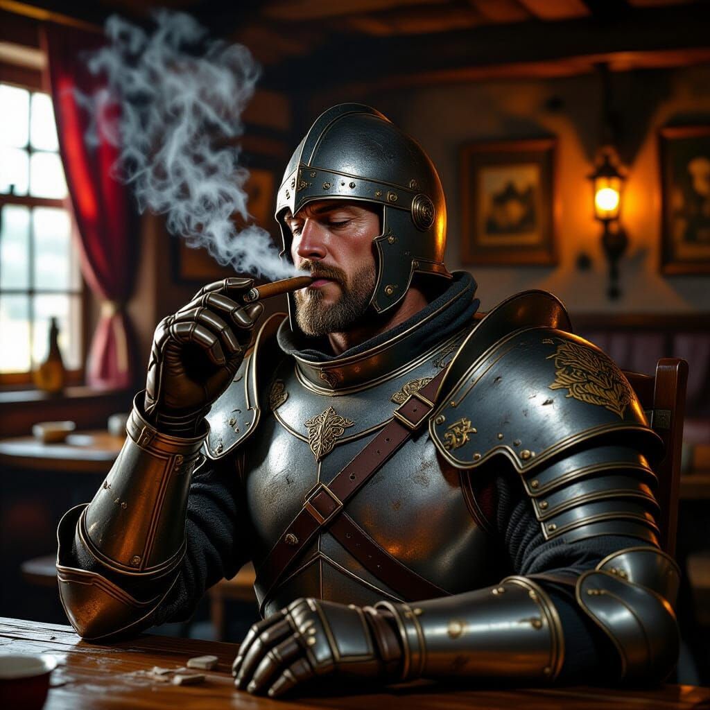 Weary Adventurer at Inn in Hyperrealistic Style
