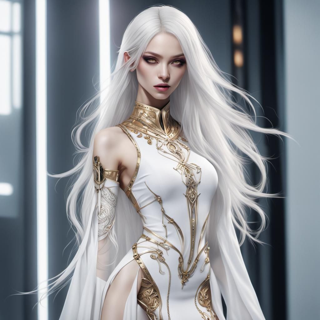 Beautiful Cyberpunk Girl with White Hair and Golden Eyes