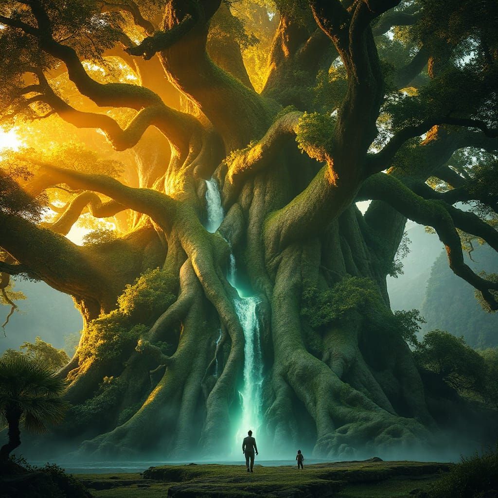 Majestic Ancient Tree With Glowing Roots And Waterfalls