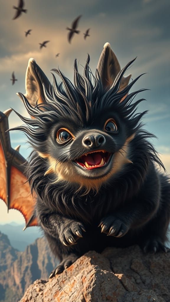 Pomchi Dragon Soaring Over Mountain Landscape