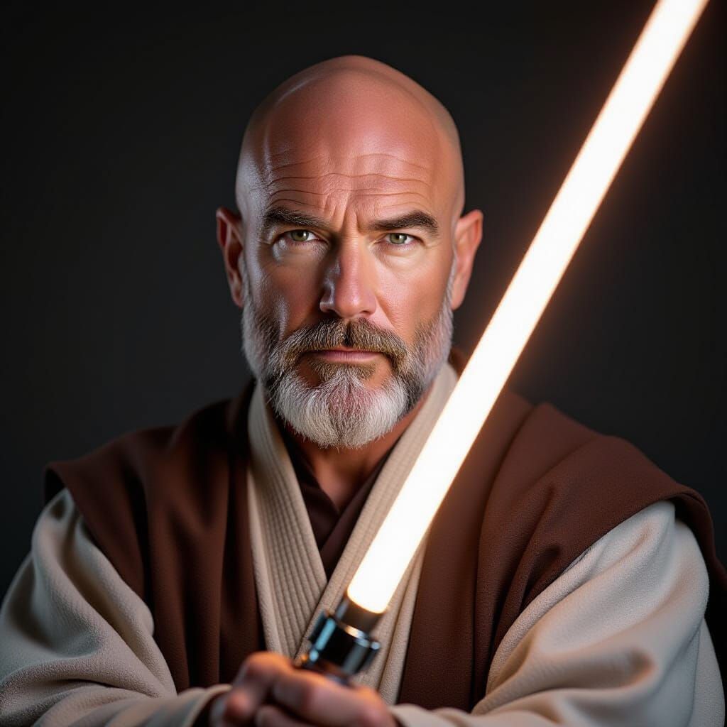 Jedi Master: Middle-Aged Man in Star Wars Robes with Lightsa...