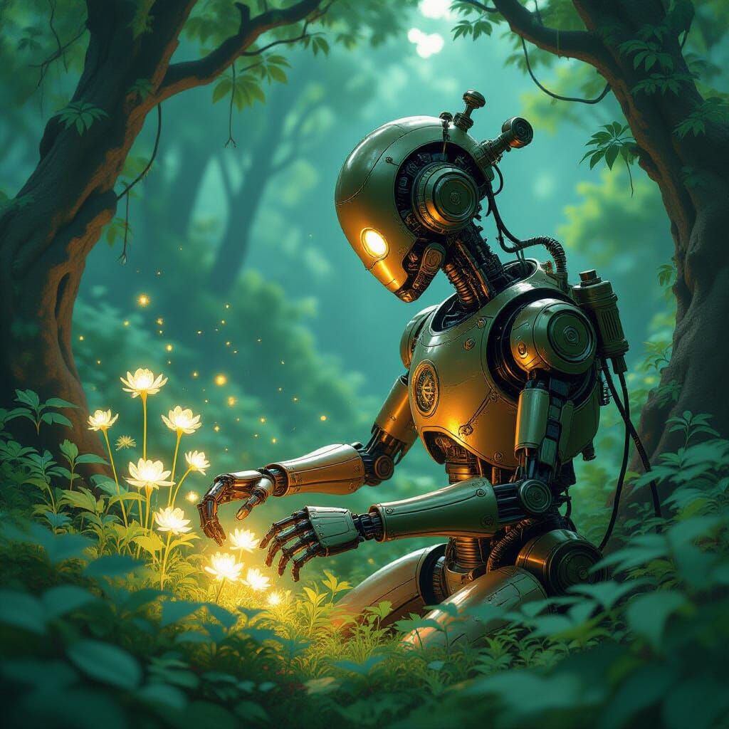 Steampunk Automaton Tends Glowing Garden in Art Nouveau Styl...