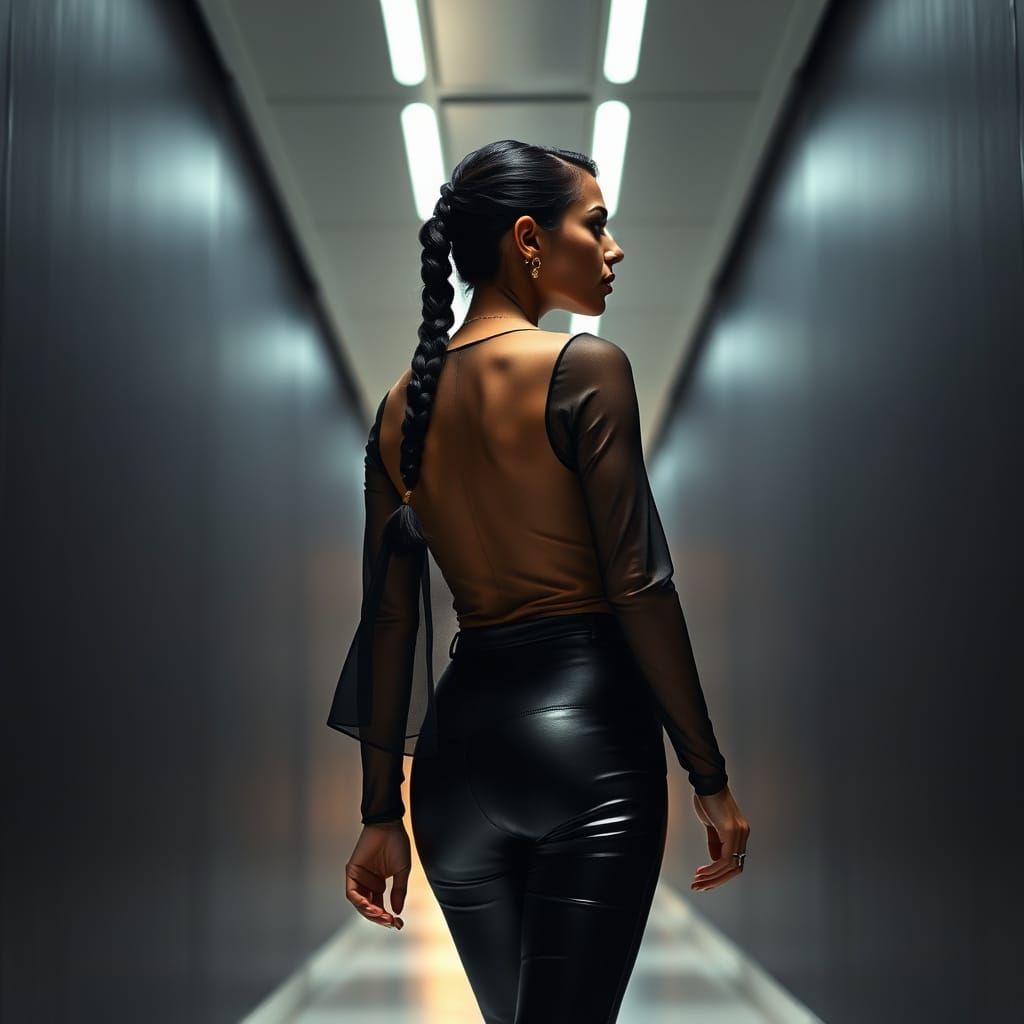 Woman in Modern Chic Ensemble Walks Down Brightly Lit Hallwa...