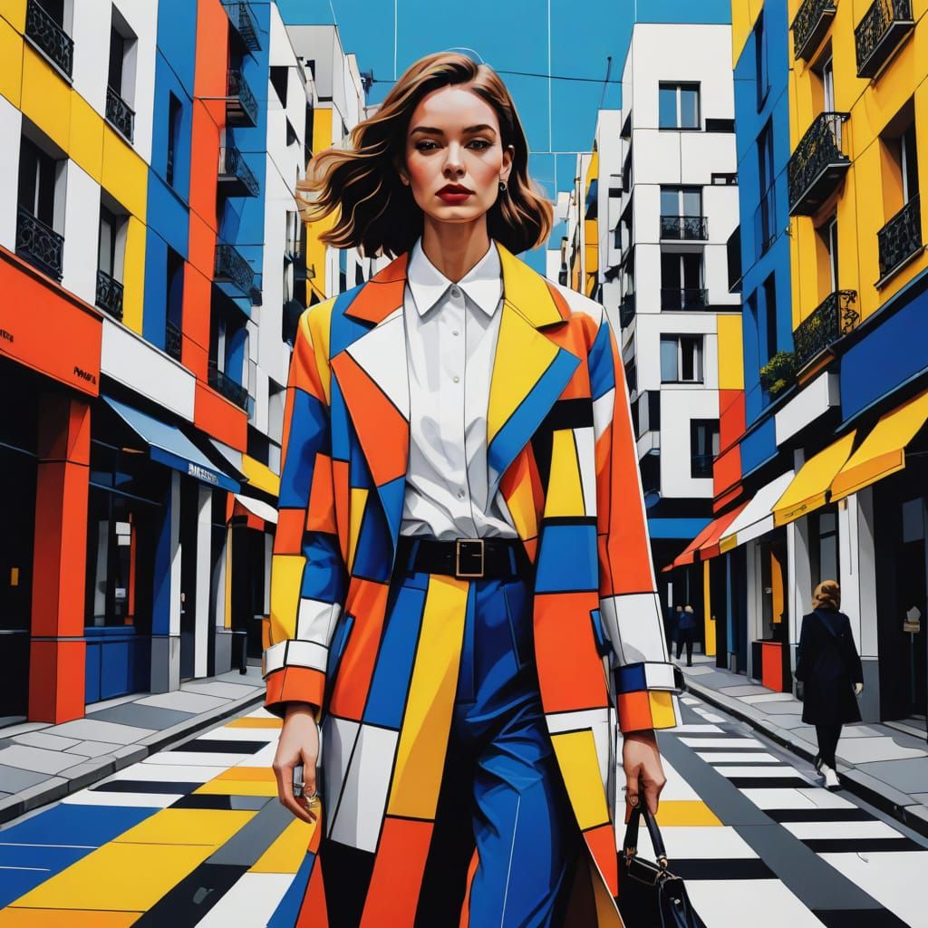 Fashionable Woman in Paris: Mondrian-Style Illustration