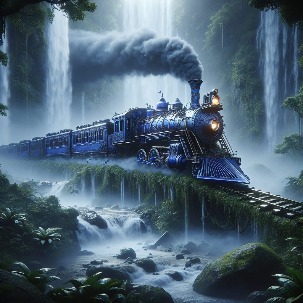 Steampunk Sapphire Train Emerges from Jungle Waterfall