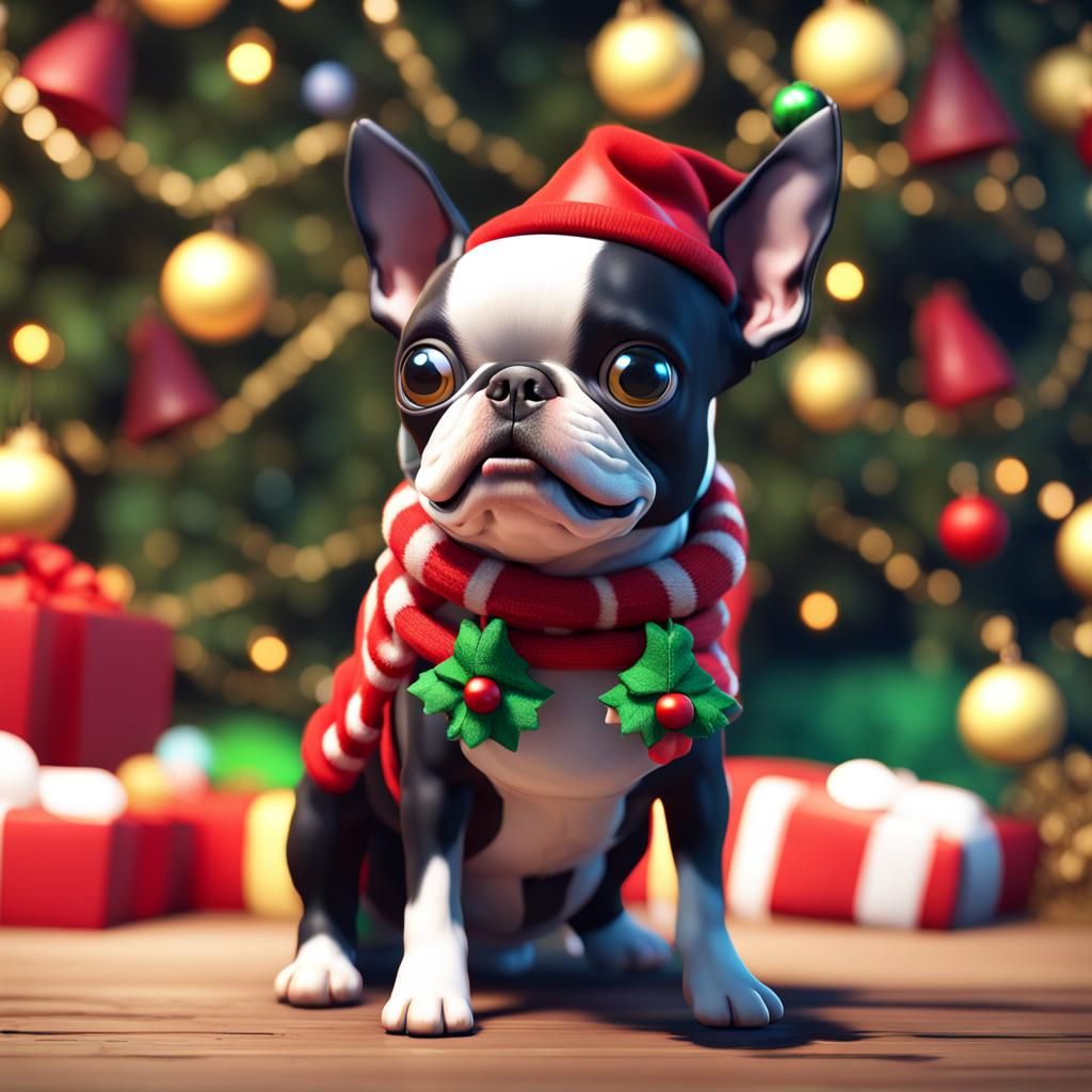 Cute Jingle Bells Boston Terrier in 3D