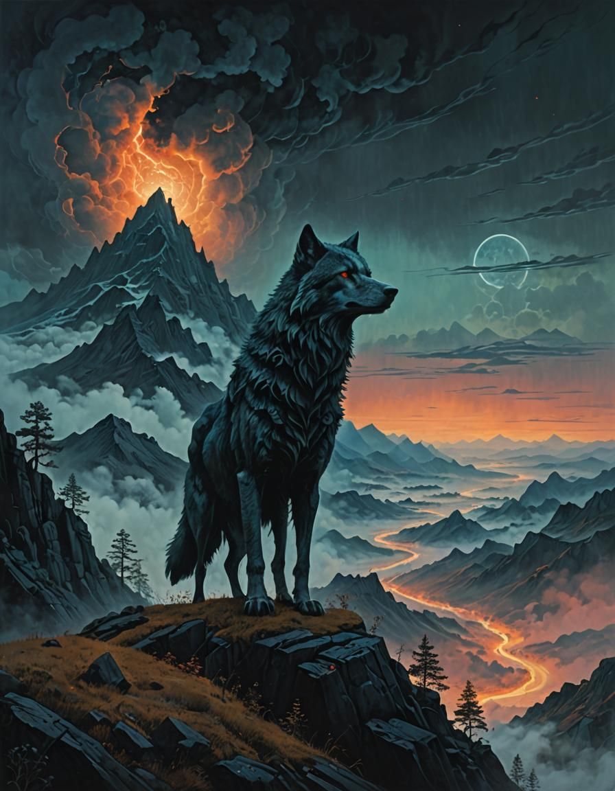 Mystical Wolf on Misty Peak: Dark Surrealism