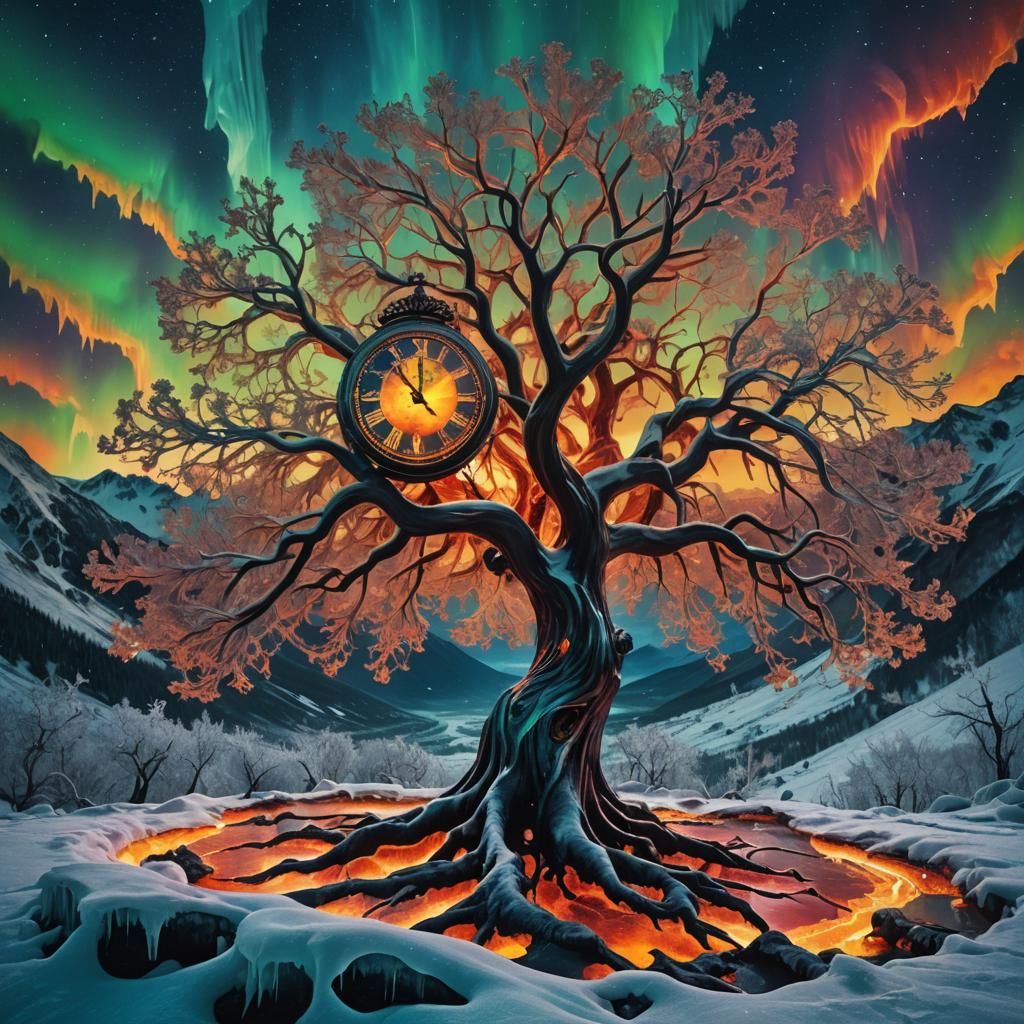 Surreal Tree of Time in Snowy Landscape