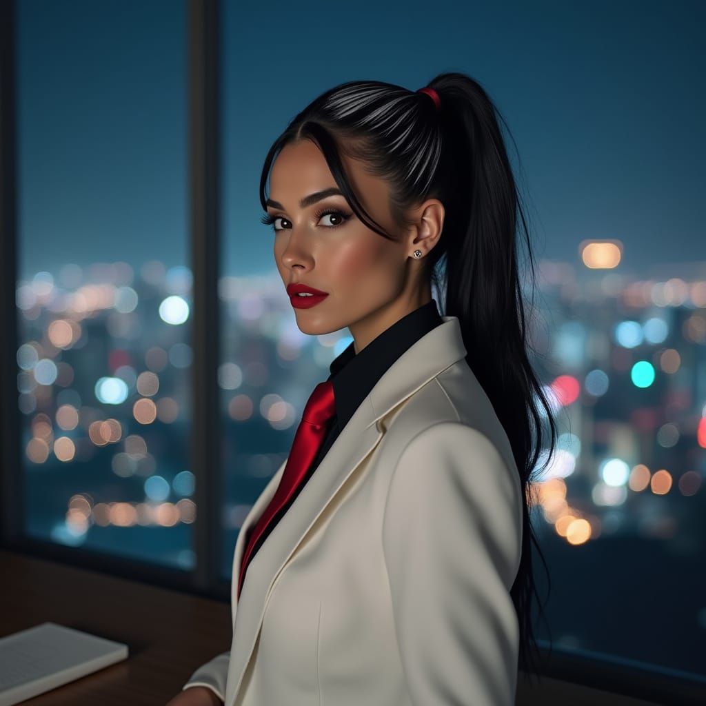 Woman in Business Suit with Streaked Hair at Night City Desk