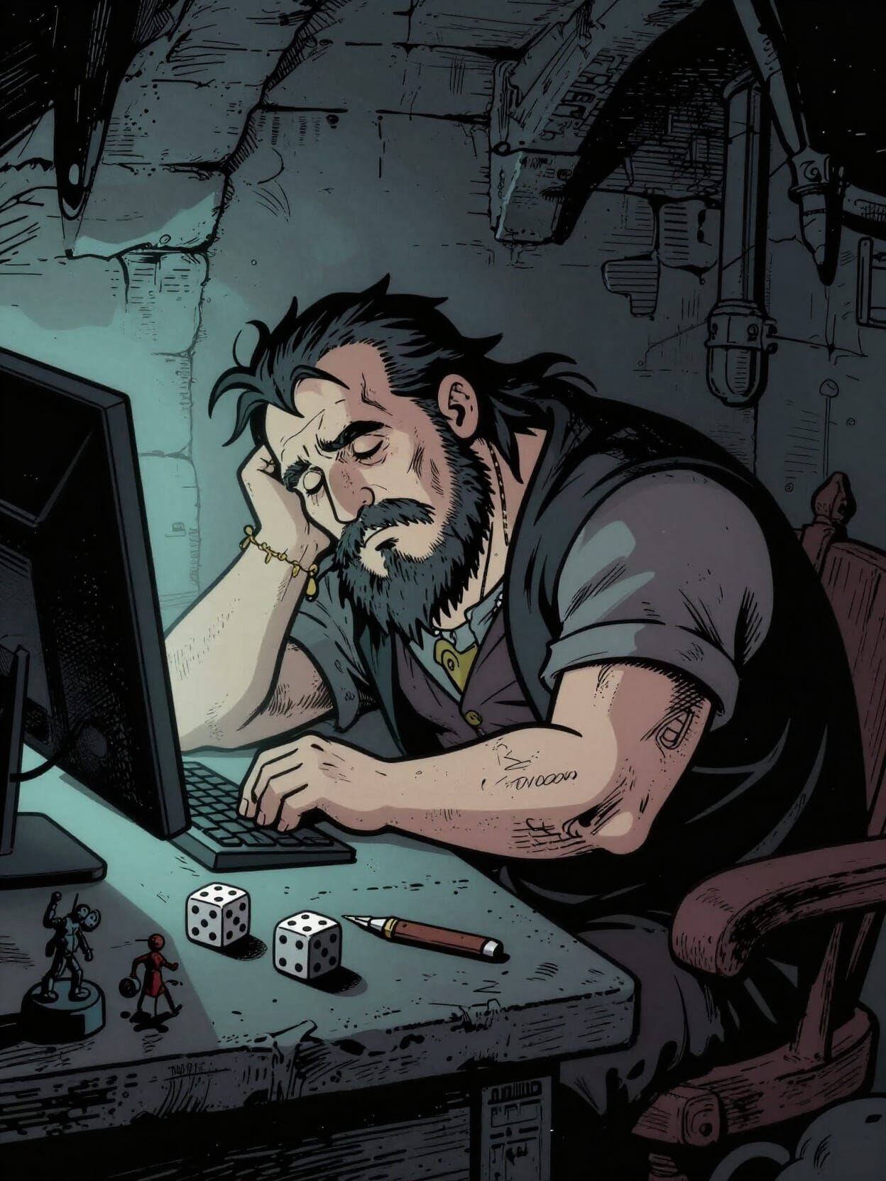 Dungeon Master Asleep in Dimly Lit Room