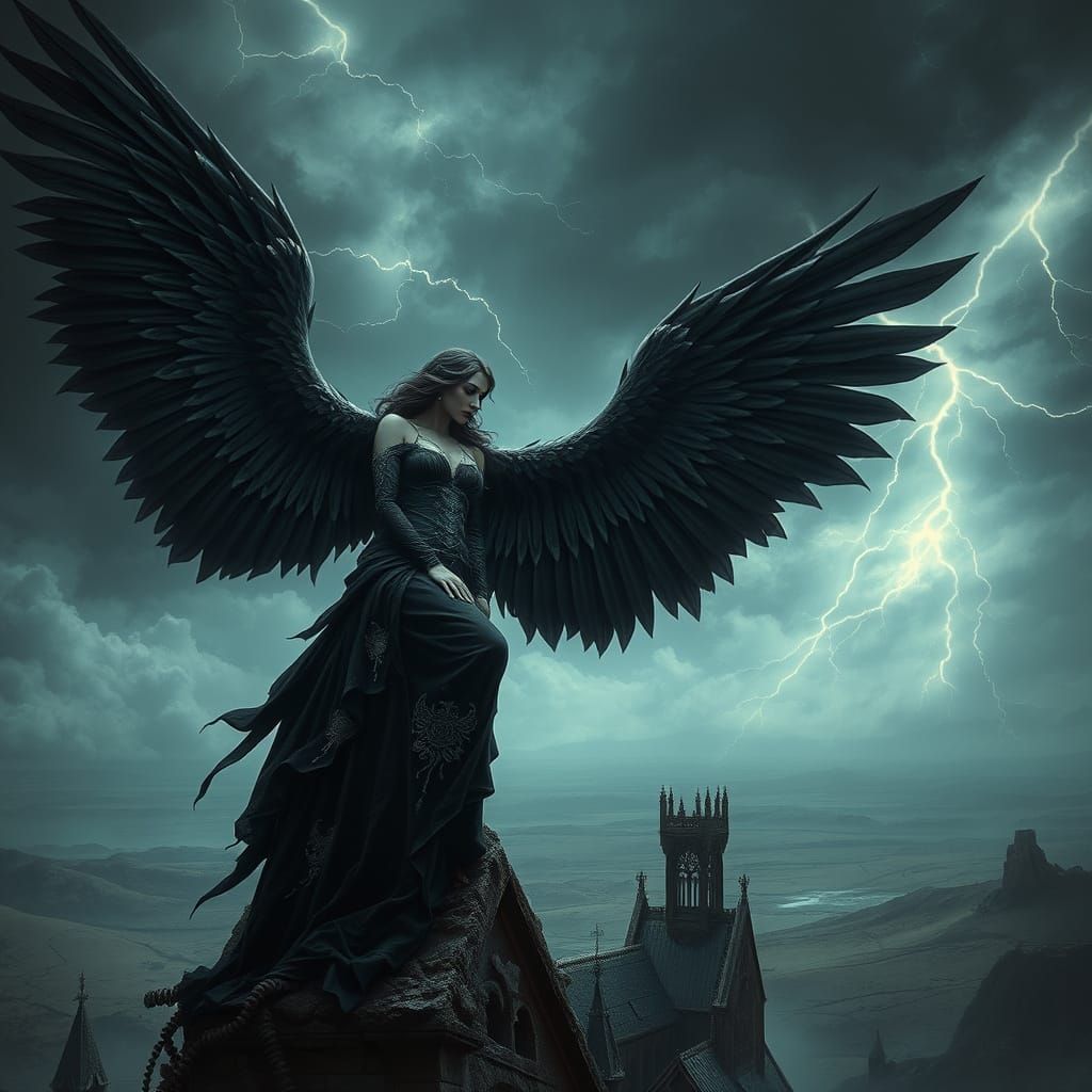 Dark Angel Perched Atop Gothic Cathedral