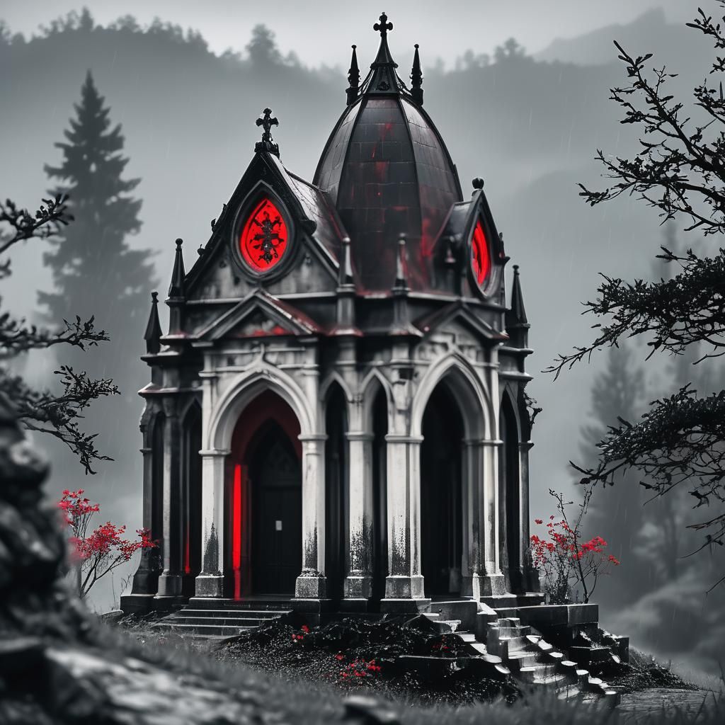 Gothic Mausoleum in Rain, Black and White with Red