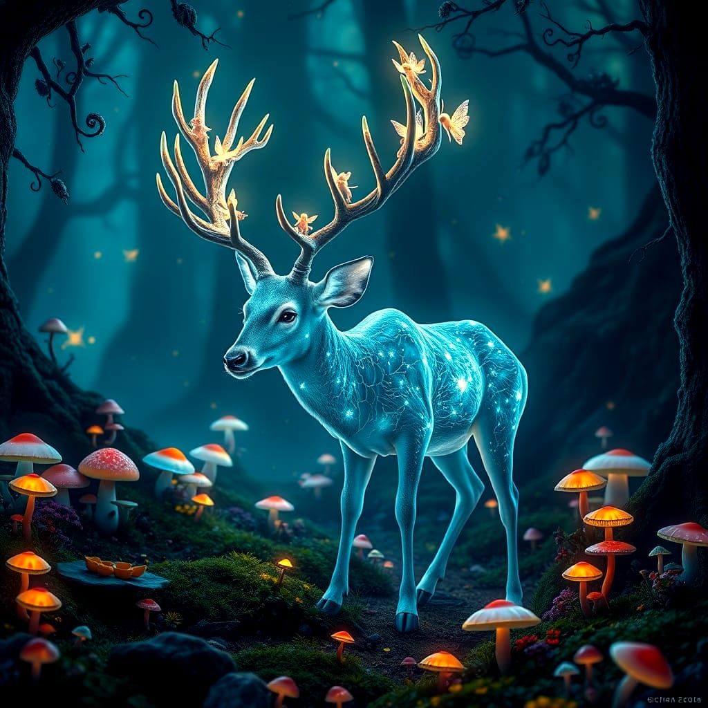 Bioluminescent Deer Grazing in Fractal Forest