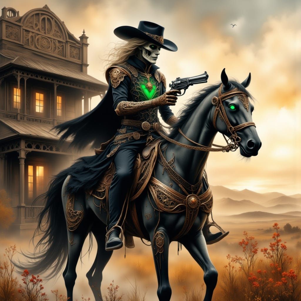 Robotic Cowboy Rides Undead Horse in Gothic Western Sunset