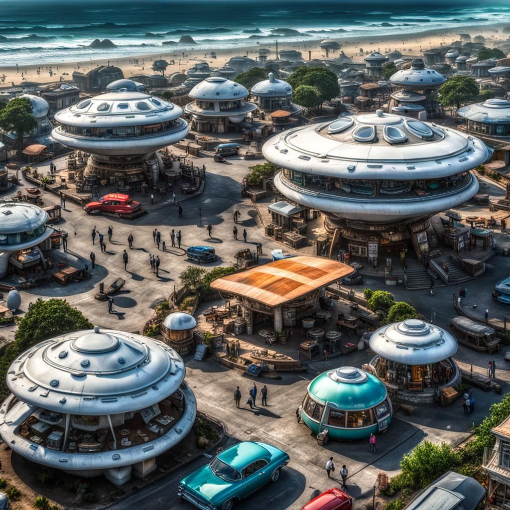 Bustling Alien City Square with Flying Saucers